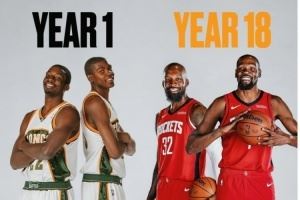 美媒晒新秀赛季杰夫-格林与KD合拍定妆照与今年对比：一个轮回